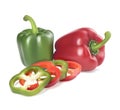 Bulgarian green and red peppers are whole and cut into pieces. Vector realistic illustration